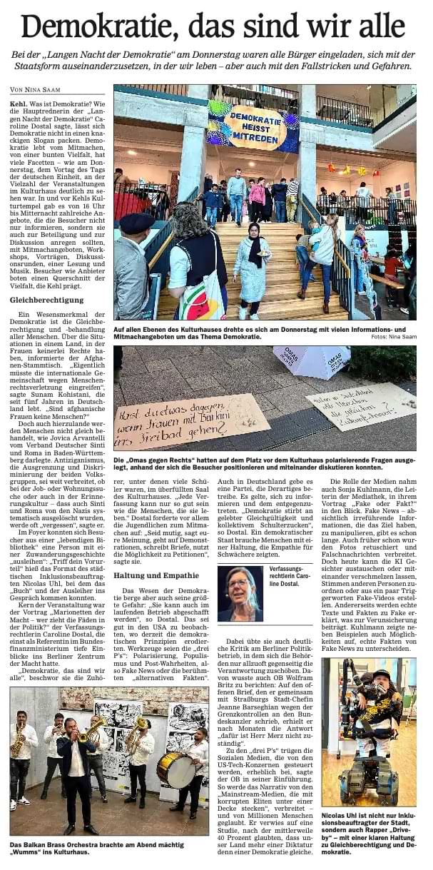 Presseartikel. "Kehler Zeitung, Mittelbadische Presse, von Nina Saam"